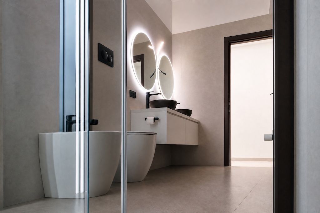 Bagno moderno con specchi tondi retroilluminati, lavabi da appoggio neri e sanitari sospesi